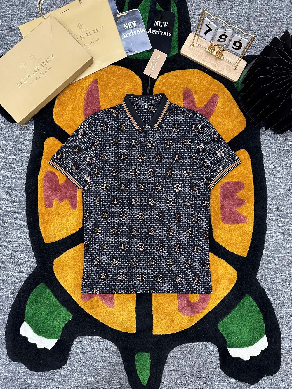 Áo polo Burberry BBR Đen họa tiết logo B full kẻ sọc viền Like Auth 1-1 on web MK